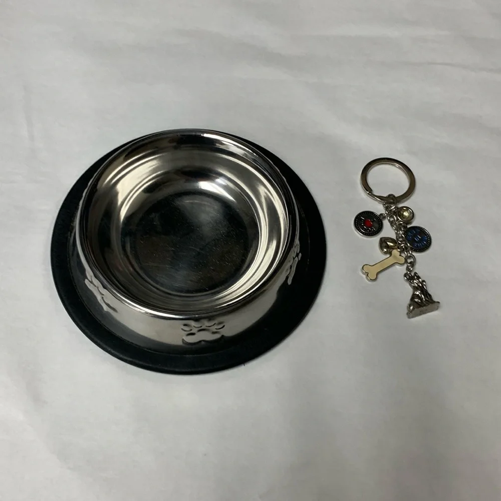 Stainless non skid Small Dog Dish With Raised Paws and key chain